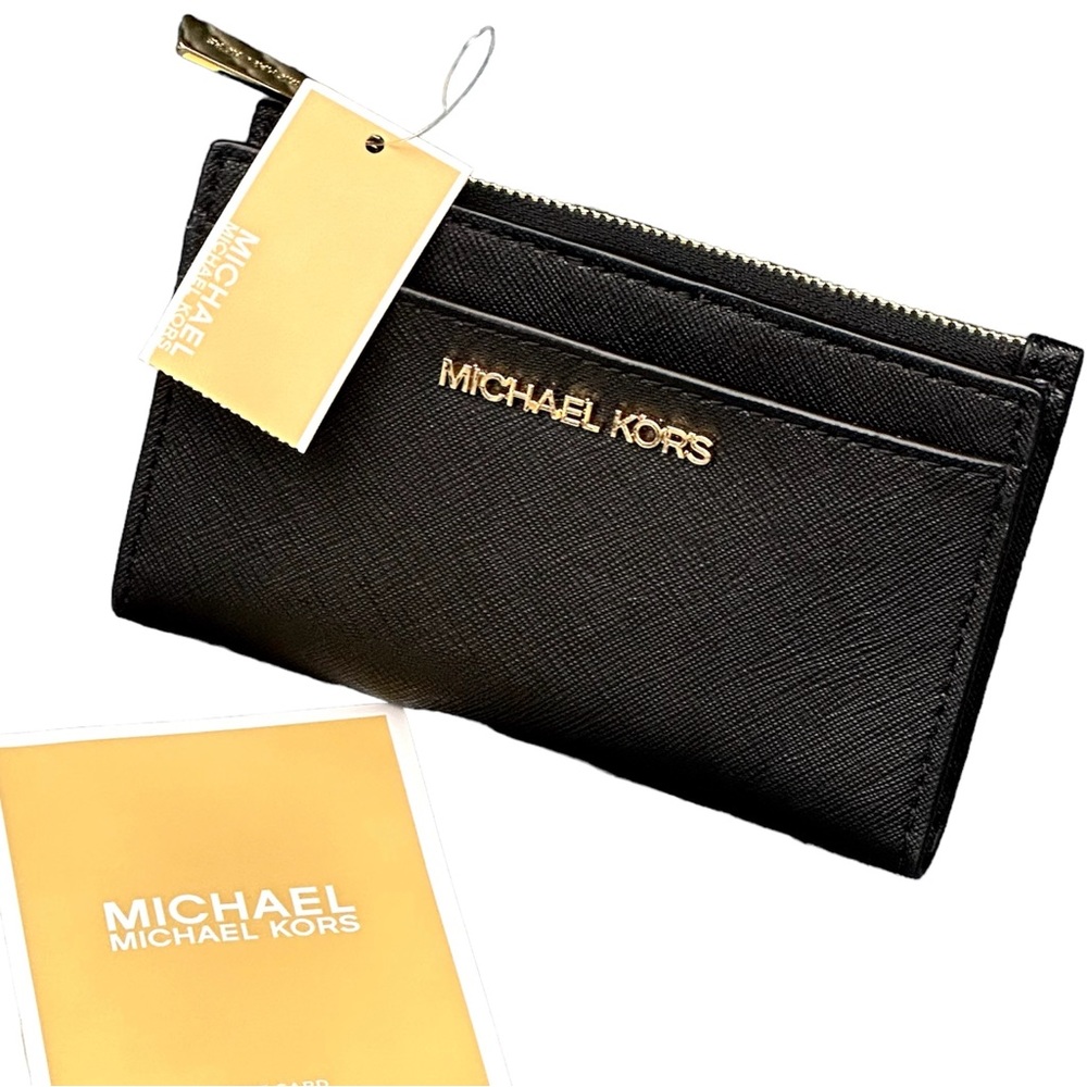 Michael Michael Kors Womens Small Zip Leather Wallet Card Case Jet Set Black NWT